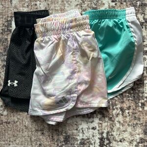 Under Armour Girls, ADIDAS, Nike Shorts Trio in Black, Pastel Multi, and Teal